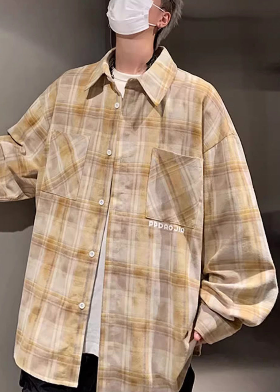 Loose Yellow Peter Pan Collar Plaid Pockets Cotton Shirt Men Spring