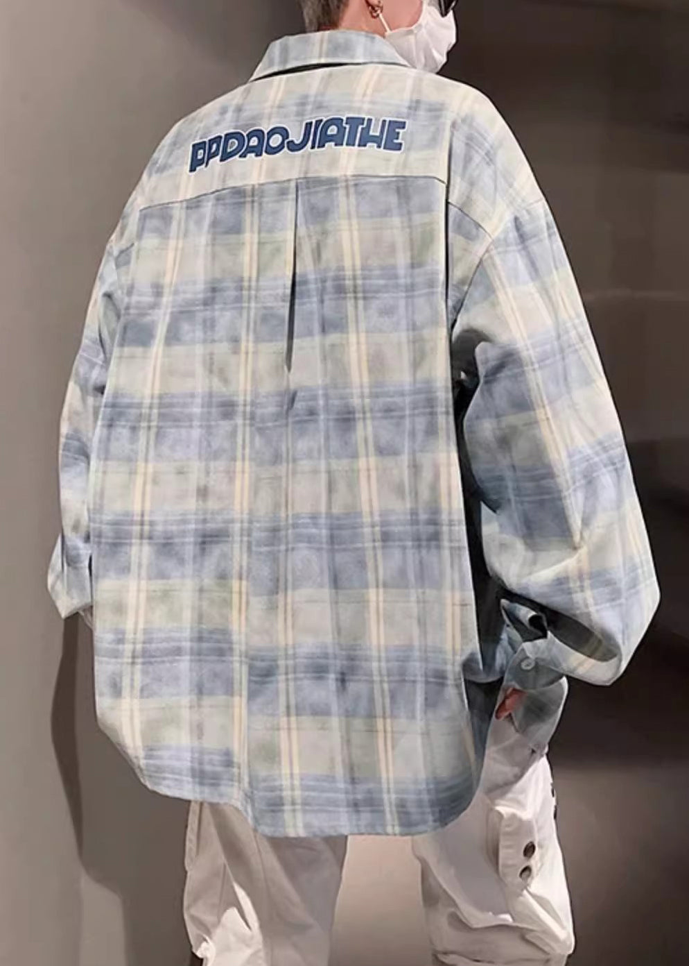 Loose Yellow Peter Pan Collar Plaid Pockets Cotton Shirt Men Spring