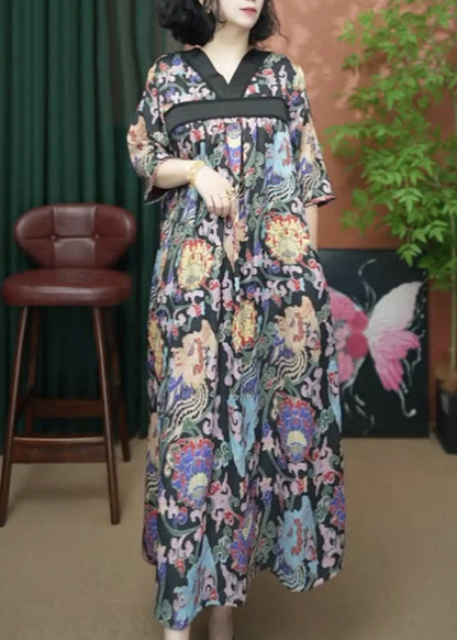 Loose Yellow V Neck Print Cotton Long Dresses Summer