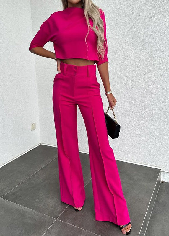 Modern Black Solid Top And Wide Leg Pants Two Pieces Set Fall