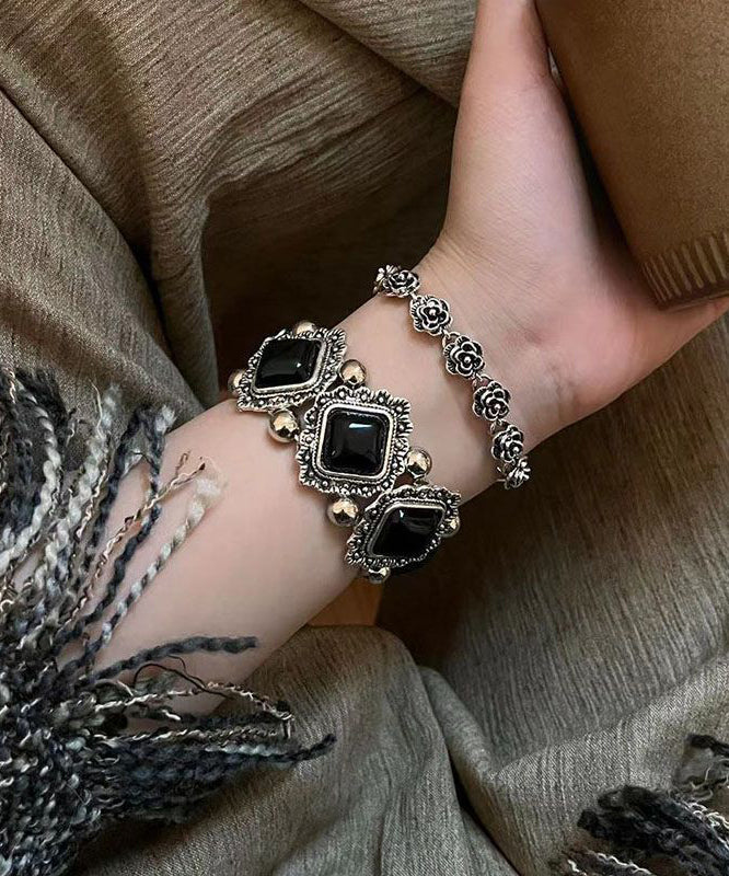 Modern Bracelet Sterling Silver Chain Set Gem Two-Piece Black Floral Stone