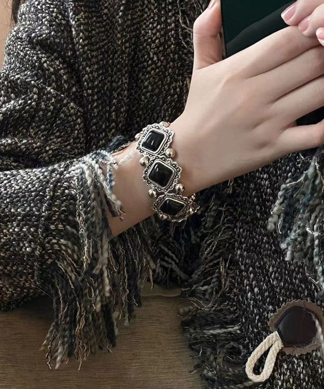 Modern Bracelet Sterling Silver Chain Set Gem Two-Piece Black Floral Stone