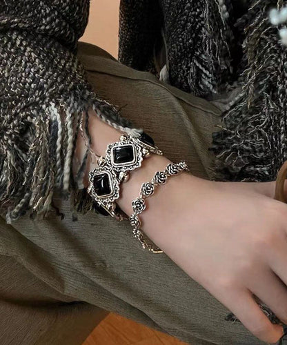 Modern Bracelet Sterling Silver Chain Set Gem Two-Piece Black Floral Stone