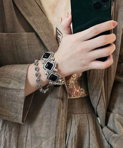 Modern Bracelet Sterling Silver Chain Set Gem Two-Piece Black Floral Stone