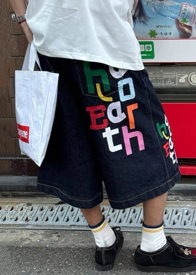 Modern Blue Letter High Waist Denim Mens Crop Pants Summer