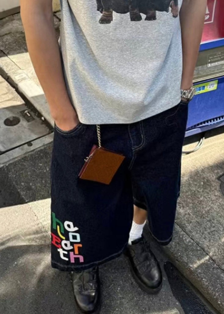 Modern Blue Letter High Waist Denim Mens Crop Pants Summer