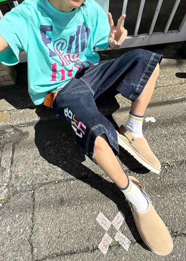 Modern Blue Letter High Waist Denim Mens Crop Pants Summer