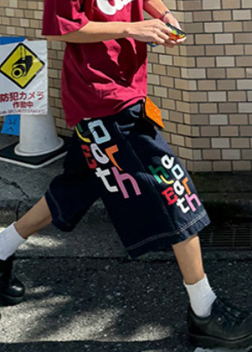 Modern Blue Letter High Waist Denim Mens Crop Pants Summer