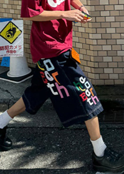 Modern Blue Letter High Waist Denim Mens Crop Pants Summer