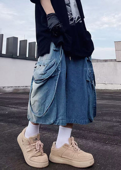 Modern Blue Pockets Oversized Denim Mens Shorts Summer