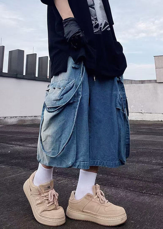 Modern Blue Pockets Oversized Denim Mens Shorts Summer