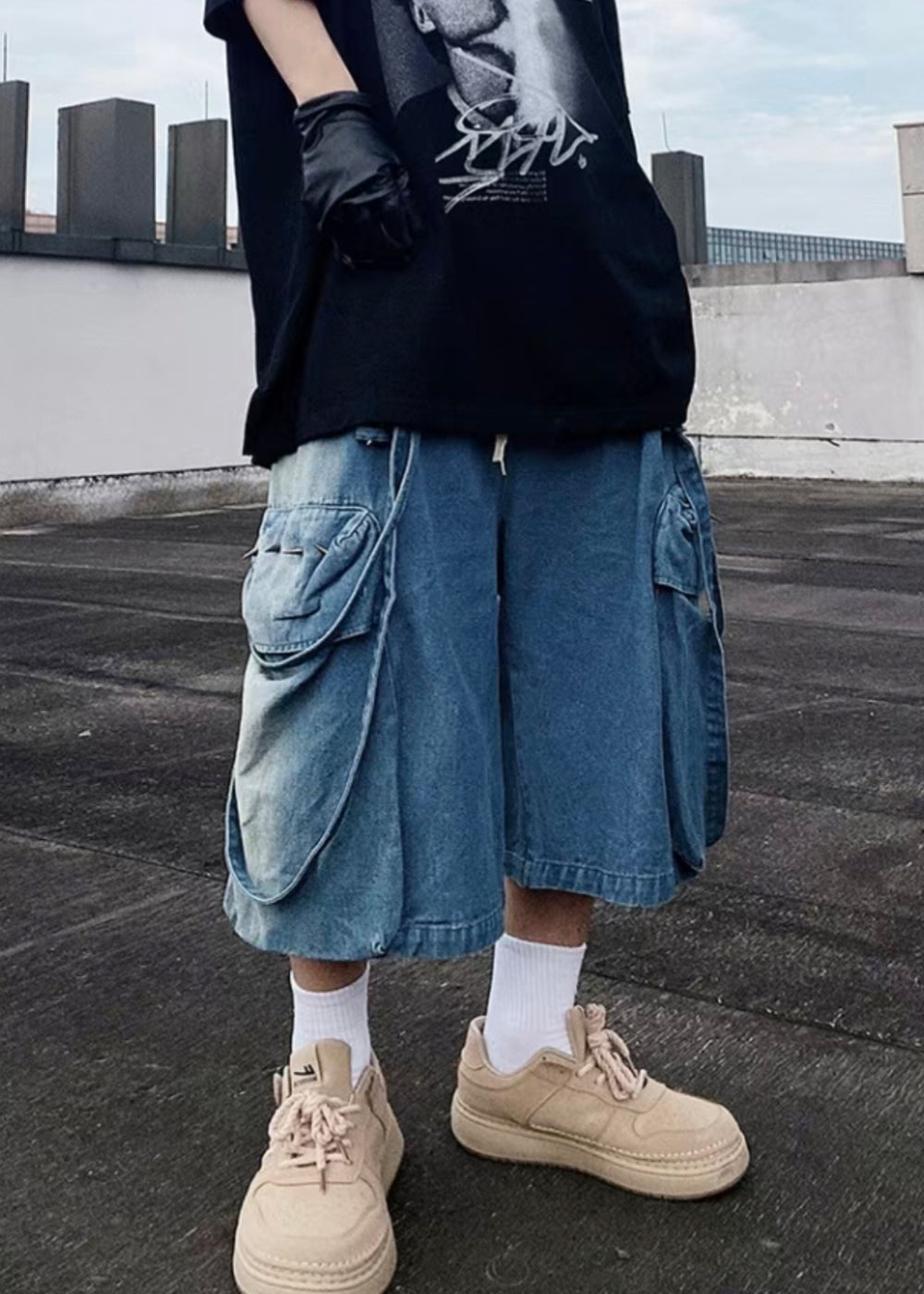 Modern Blue Pockets Oversized Denim Mens Shorts Summer