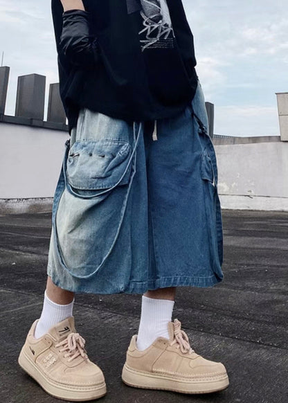 Modern Blue Pockets Oversized Denim Mens Shorts Summer
