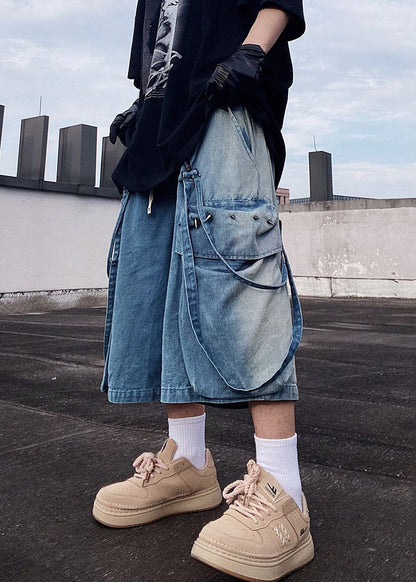 Modern Blue Pockets Oversized Denim Mens Shorts Summer