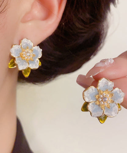 Camellia Zircon Stud Silver Sterling Modern Earrings Pearl Blue Overgild