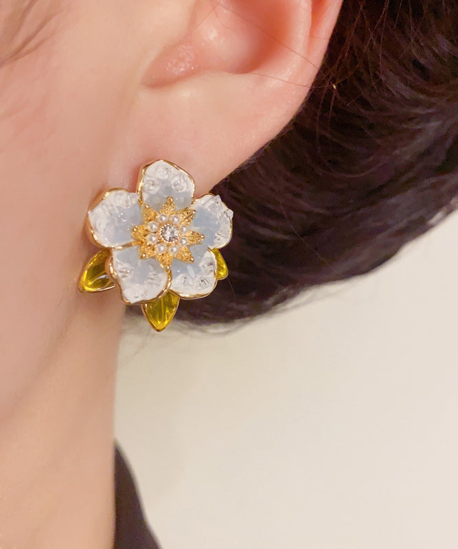 Camellia Zircon Stud Silver Sterling Modern Earrings Pearl Blue Overgild