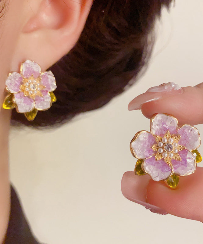 Camellia Zircon Stud Silver Sterling Modern Earrings Pearl Blue Overgild