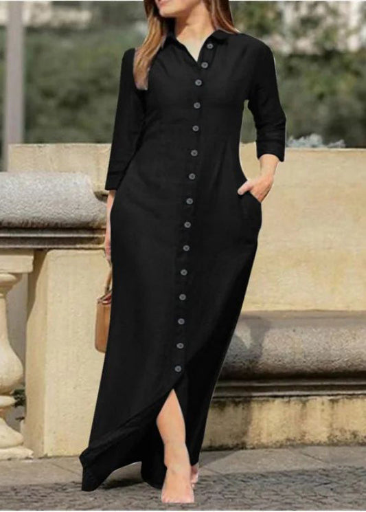 Natural Black Peter Pan Collar Button Long Shirts Dress Fall
