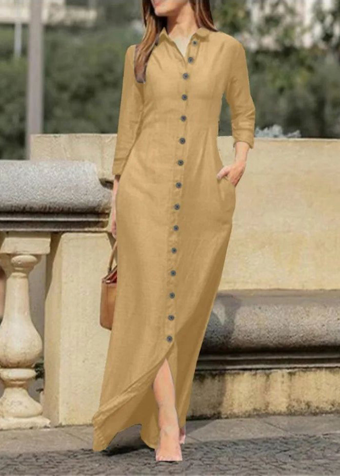 Natural Black Peter Pan Collar Button Long Shirts Dress Fall