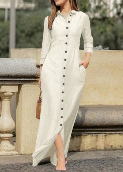 Natural Black Peter Pan Collar Button Long Shirts Dress Fall