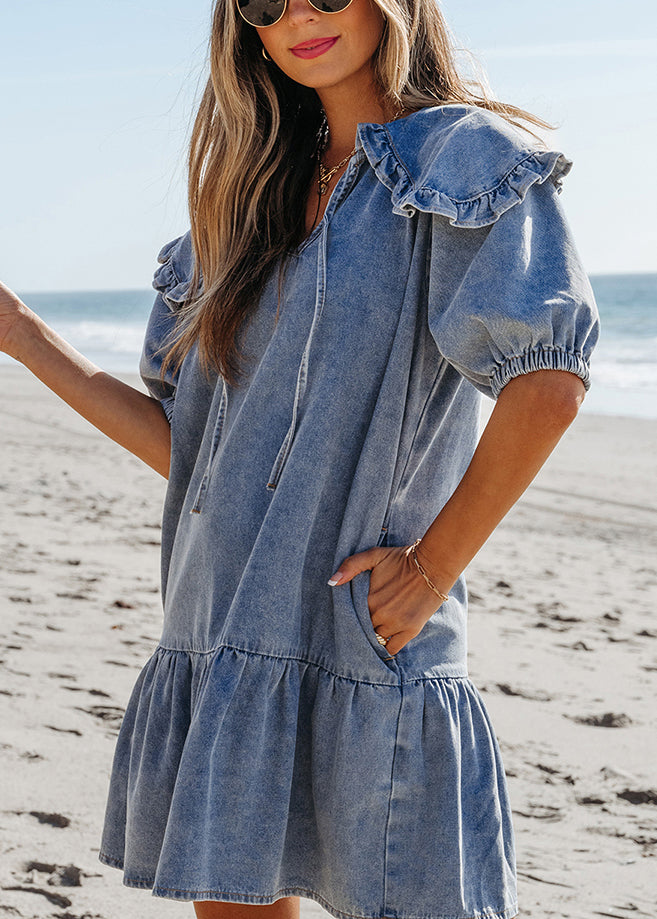 Sailor Collar Summer Blue Patchwork Mid Denim Natural Dresses