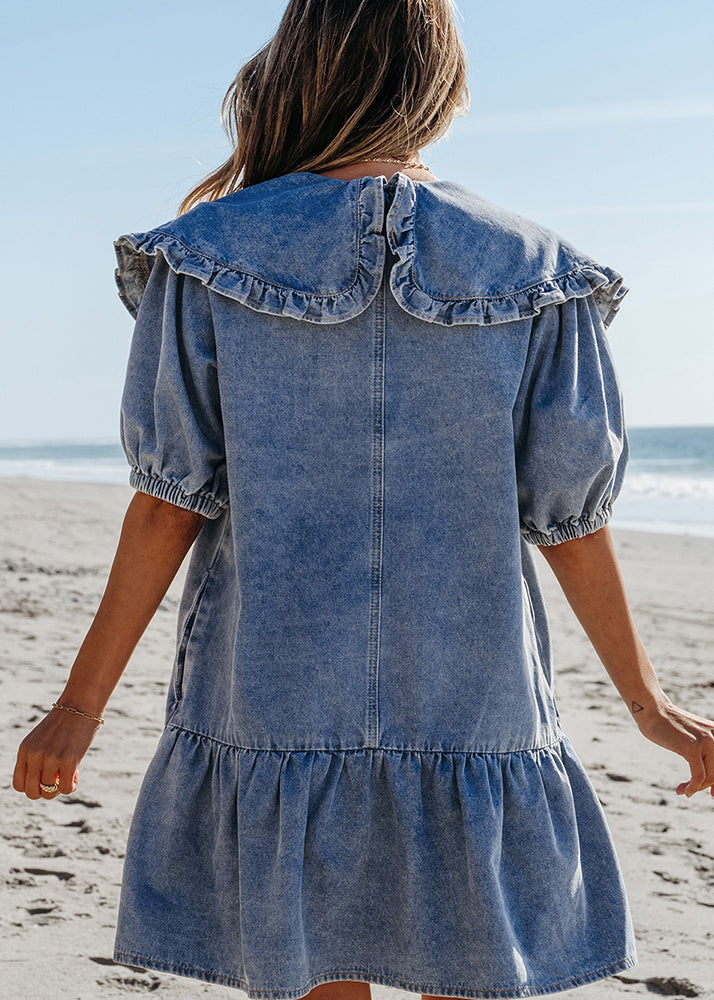 Sailor Collar Summer Blue Patchwork Mid Denim Natural Dresses