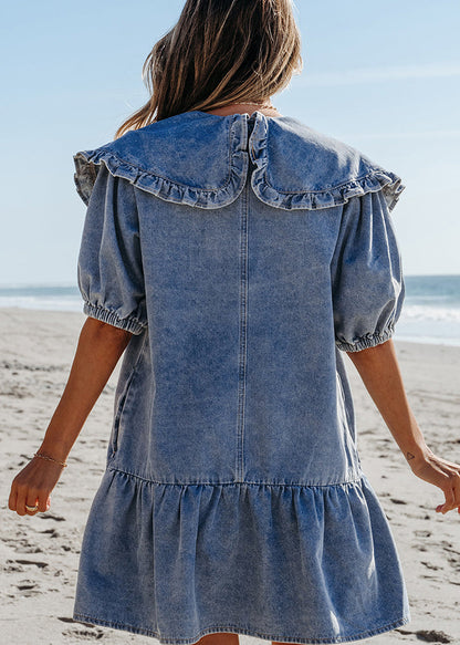 Sailor Collar Summer Blue Patchwork Mid Denim Natural Dresses