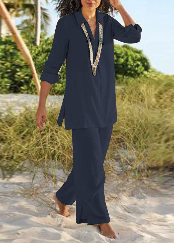 Natural Khaki Peter Pan Collar Shirt And Wide Leg Pants Two Pieces Set Fall