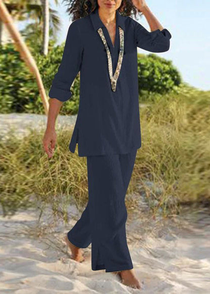 Natural Khaki Peter Pan Collar Shirt And Wide Leg Pants Two Pieces Set Fall