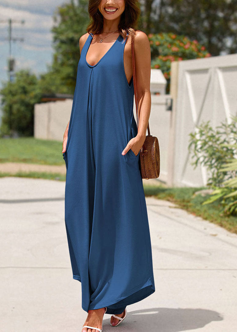 Solid Strap Pockets Long Navy Sleeveless Spaghetti