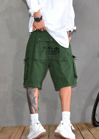 New Army Green Print Pockets High Waist Cotton Men Shorts Summer