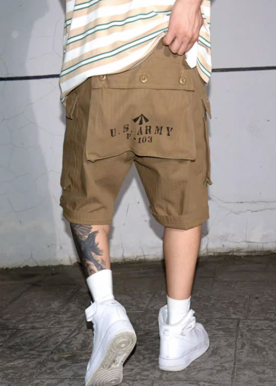 New Army Green Print Pockets High Waist Cotton Men Shorts Summer