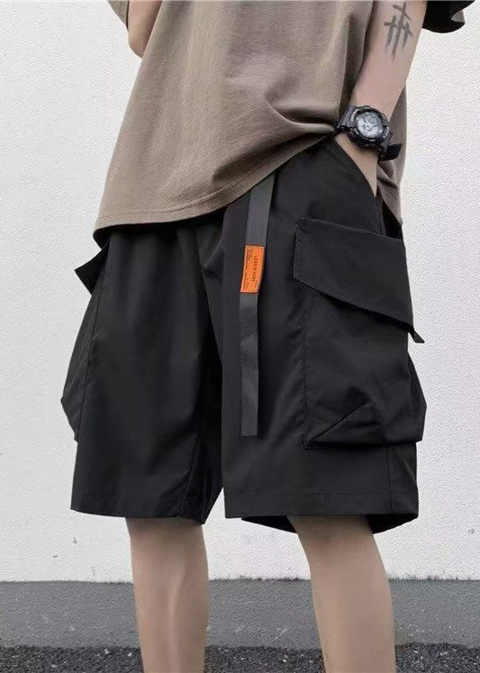 New Black Pockets Elastic Waist Cotton Mens Shorts Summer