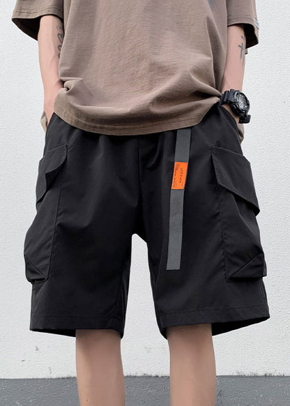 New Black Pockets Elastic Waist Cotton Mens Shorts Summer