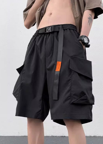 New Black Pockets Elastic Waist Cotton Mens Shorts Summer