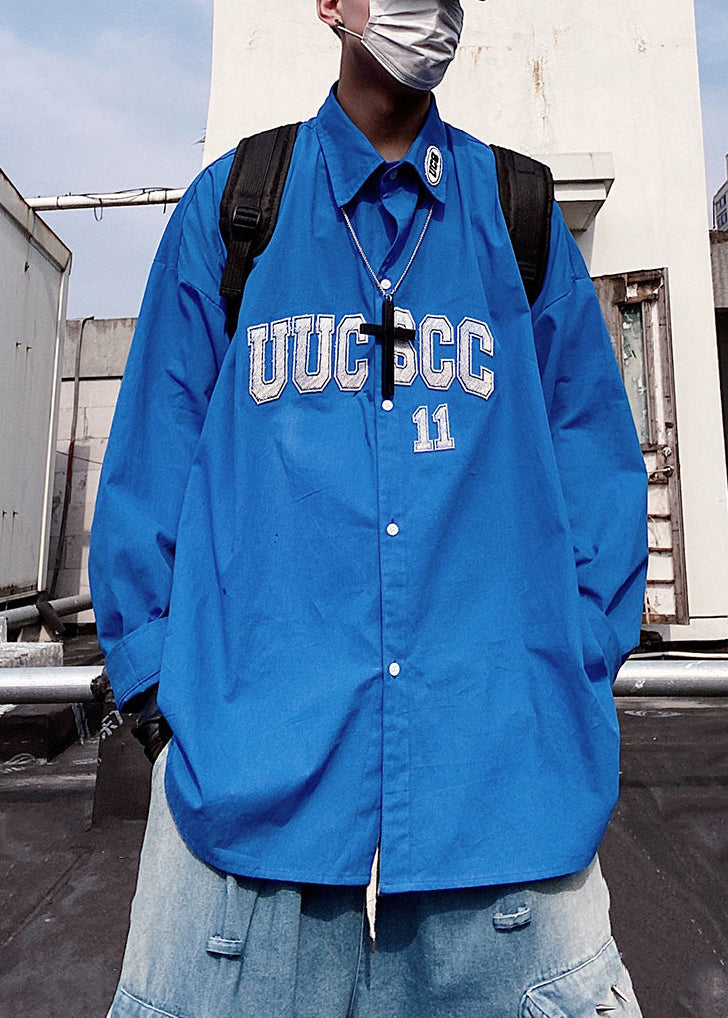 New Blue Letter Button Oversized Cotton Shirts Mens Spring