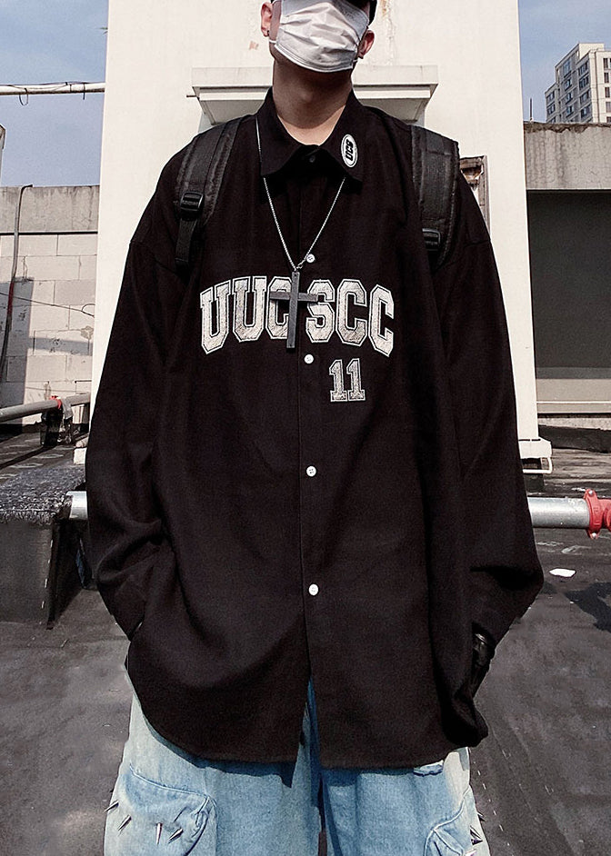 New Blue Letter Button Oversized Cotton Shirts Mens Spring