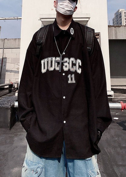 New Blue Letter Button Oversized Cotton Shirts Mens Spring