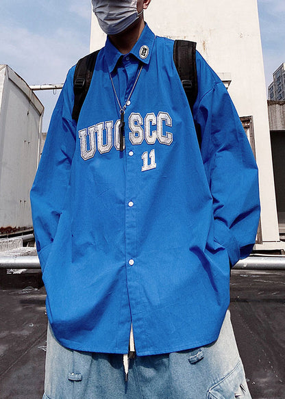 New Blue Letter Button Oversized Cotton Shirts Mens Spring