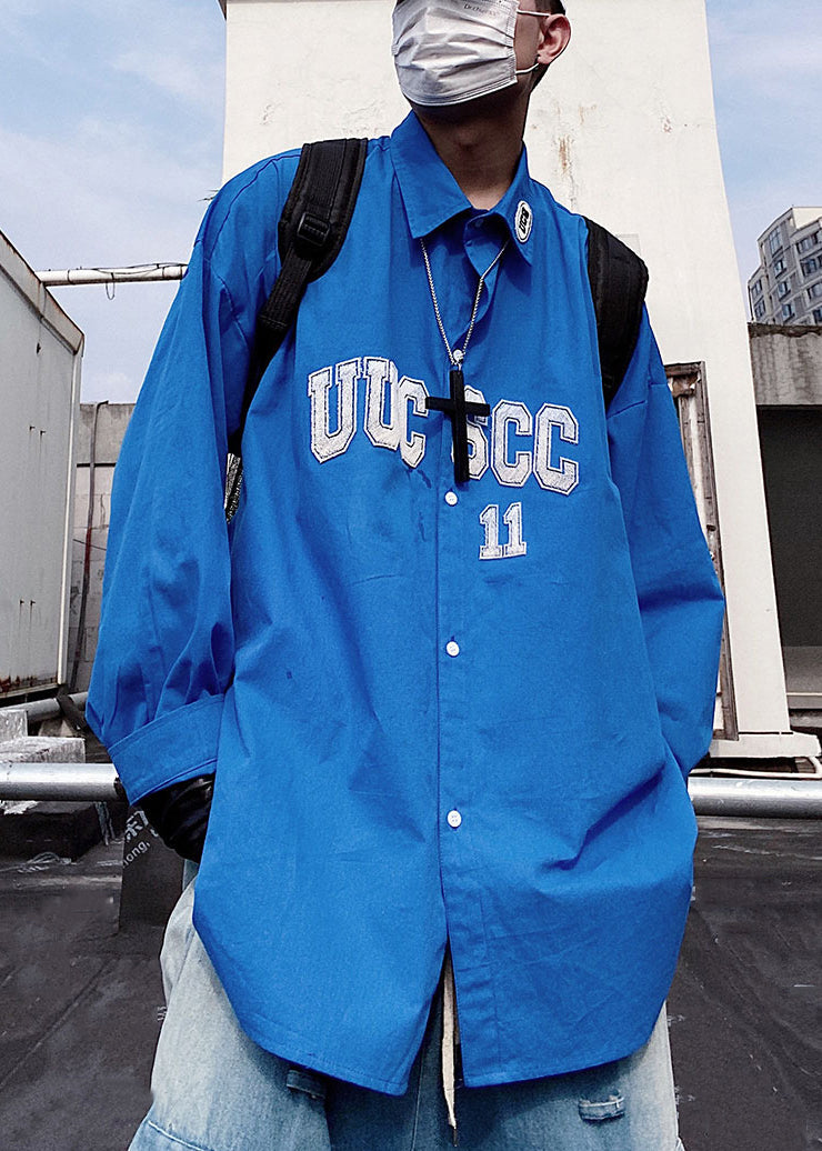 New Blue Letter Button Oversized Cotton Shirts Mens Spring