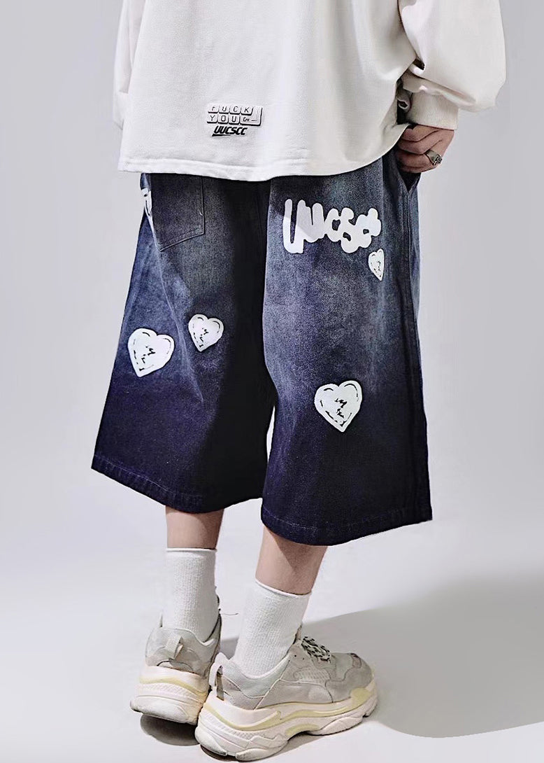 New Blue Print Lace Up Elastic Waist Mens Shorts Summer