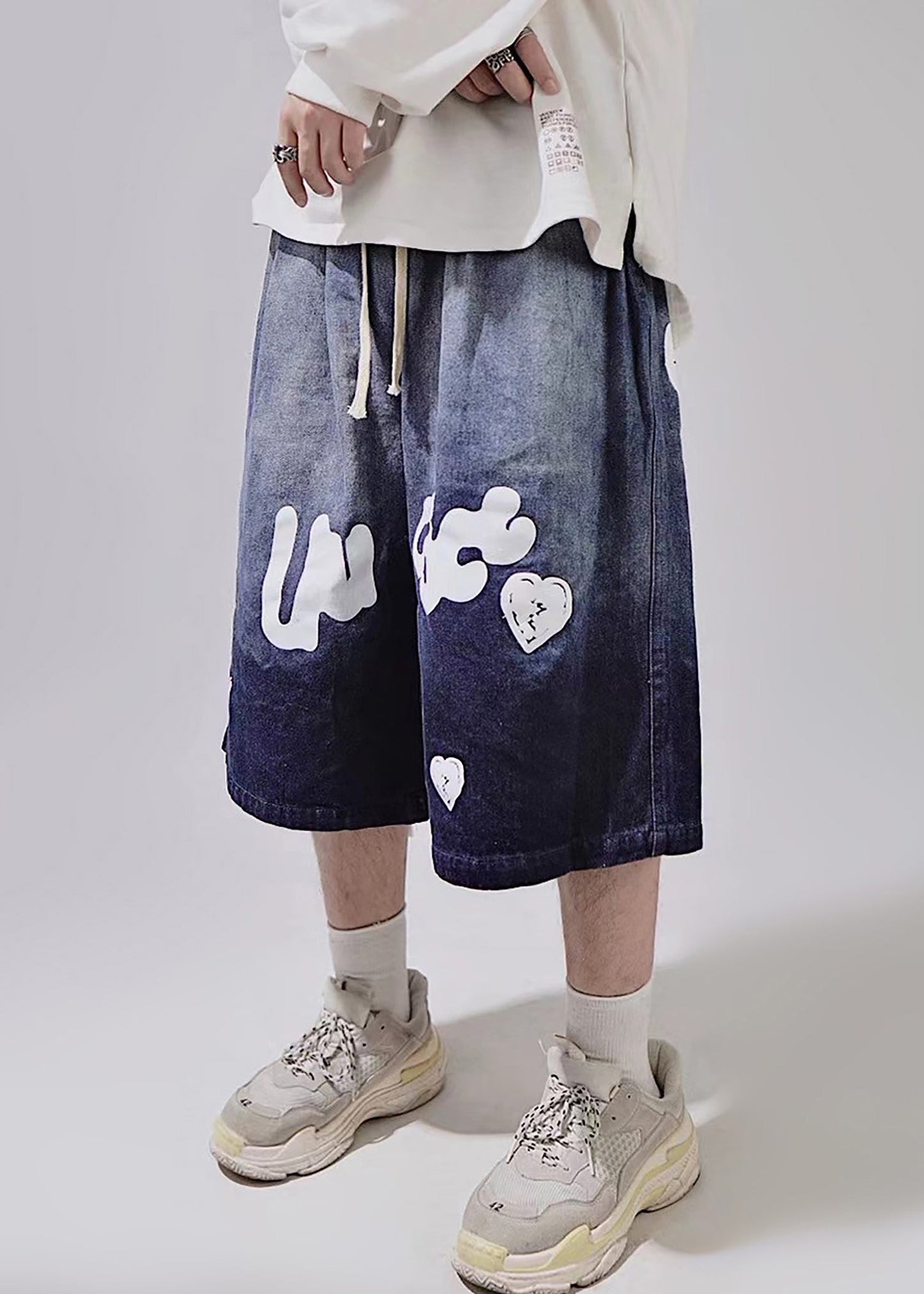 New Blue Print Lace Up Elastic Waist Mens Shorts Summer