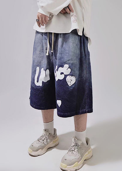 New Blue Print Lace Up Elastic Waist Mens Shorts Summer