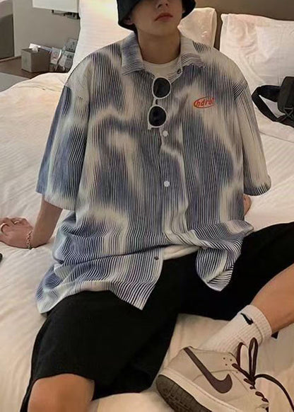 New Blue Striped Button Cotton Mens Shirts Half Sleeve