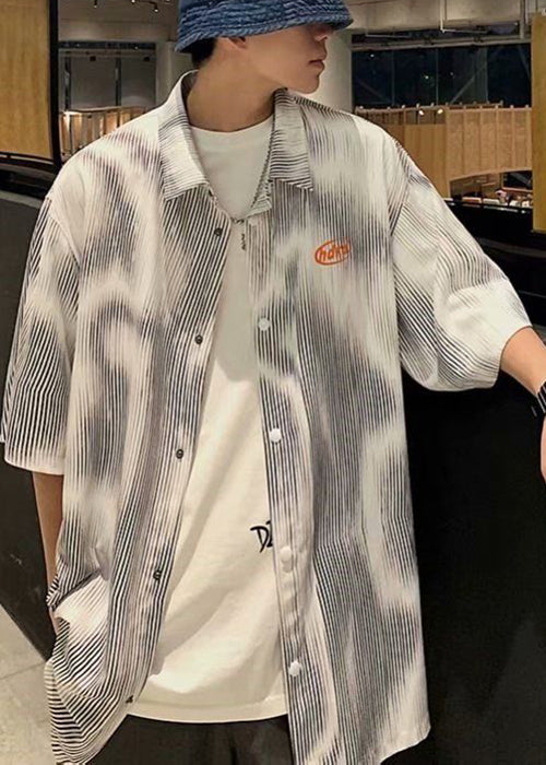 New Blue Striped Button Cotton Mens Shirts Half Sleeve