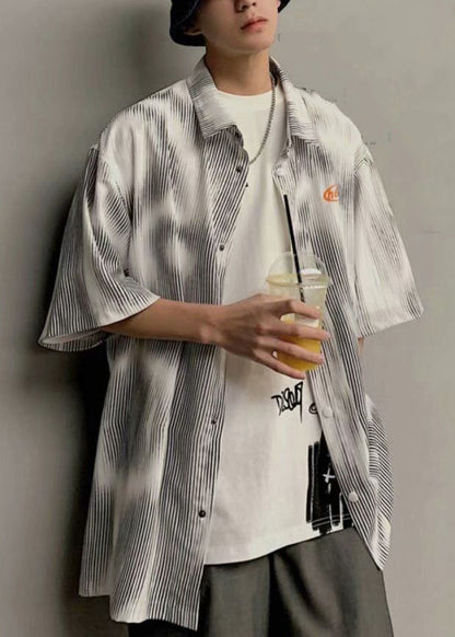 New Blue Striped Button Cotton Mens Shirts Half Sleeve