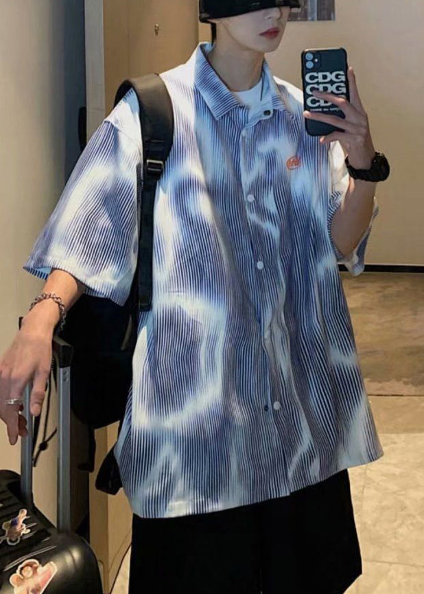 New Blue Striped Button Cotton Mens Shirts Half Sleeve