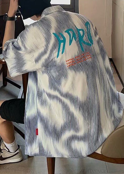 New Blue Striped Button Cotton Mens Shirts Half Sleeve