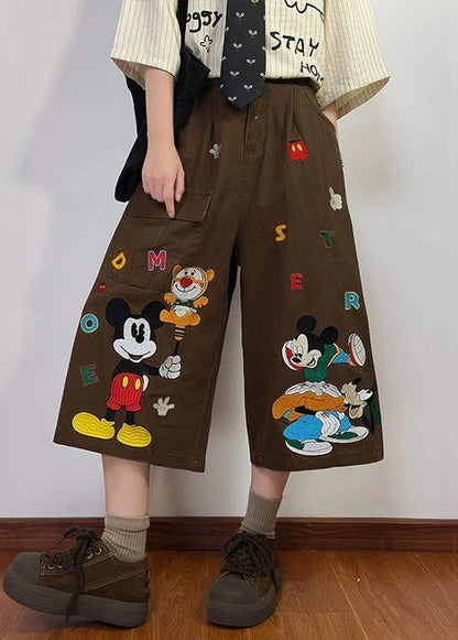 New Coffee Cartoon Print Pockets Denim Mens Crop Pants Summer