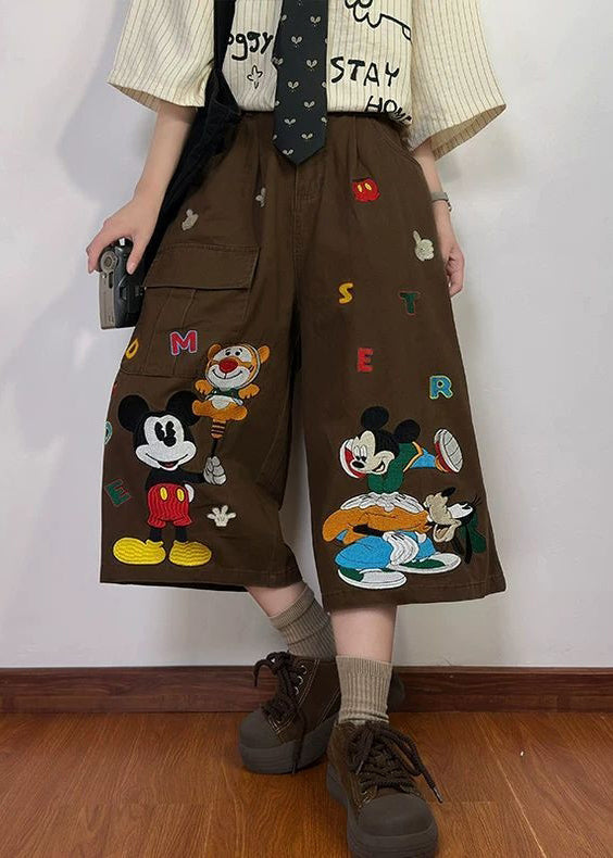 New Coffee Cartoon Print Pockets Denim Mens Crop Pants Summer